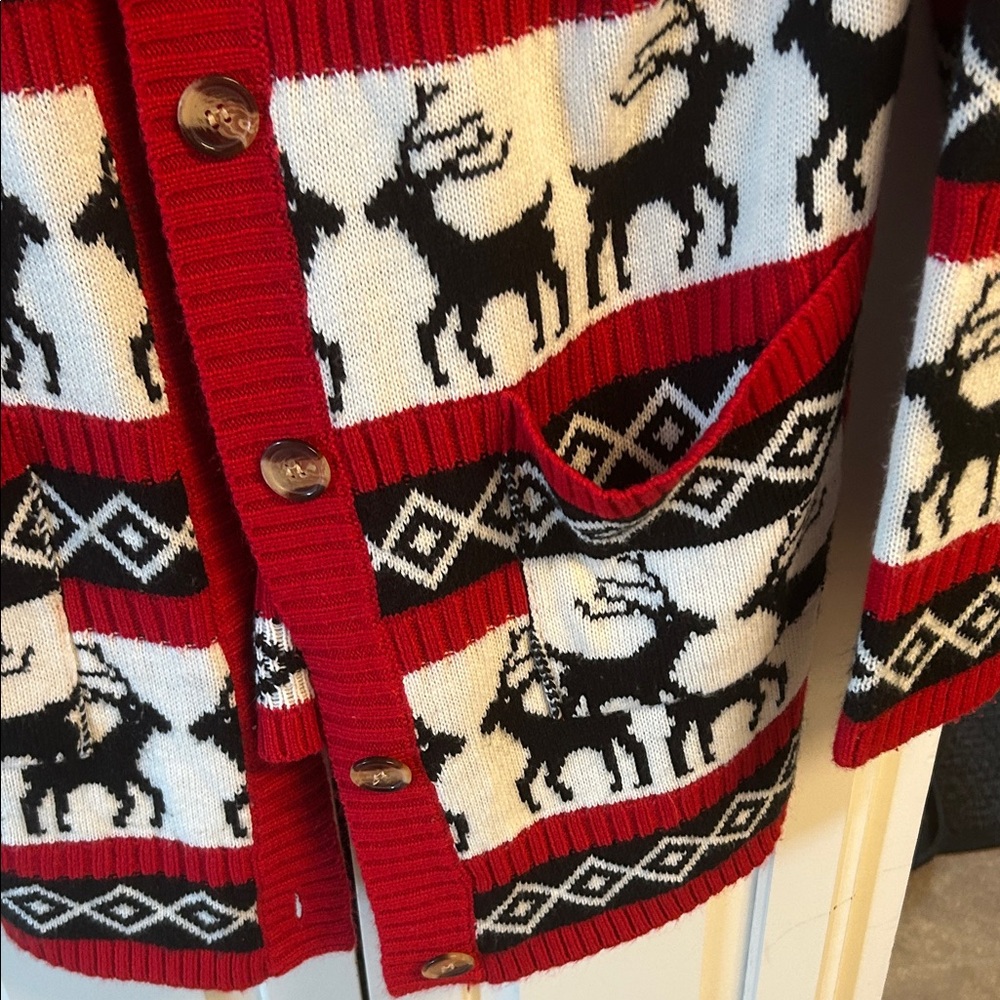 Women's Reindeer Pattern Cardigan - Red and Black - Picture 3 of 4